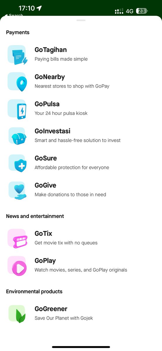 levelsio's tweet photo. Good example is GoJEK, a super app in Asia where you can do everything from ordering an “Uber”, moto bike, food, coffee, massage, top up phone credits, save and invest money, send packages and more https://t.co/L6qGCPpfsv