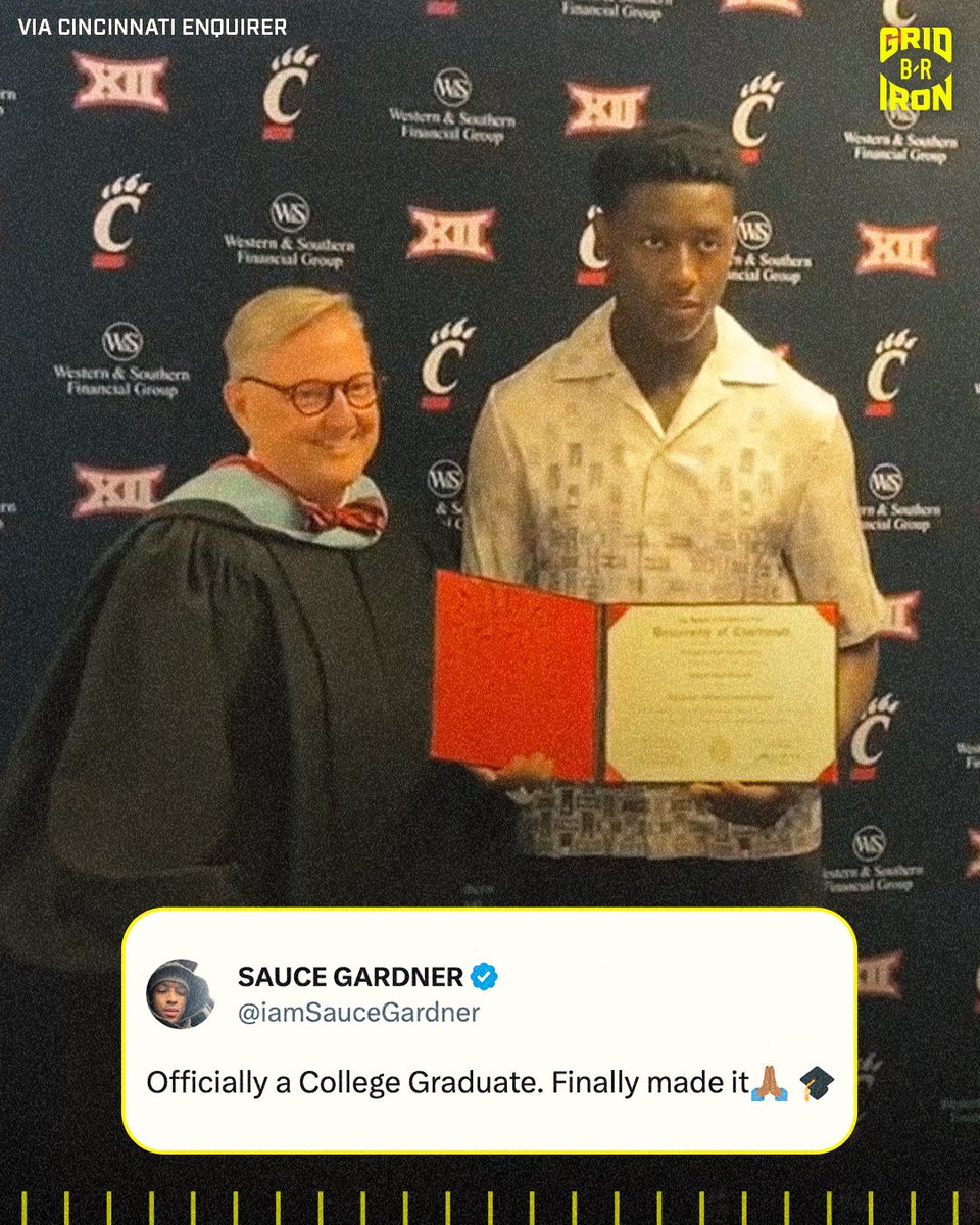 brgridiron's tweet photo. Sauce Gardner by age 22: 

- 4th overall pick in 2022 NFL Draft
- First-Team All-Pro 
- NFL Defensive Rookie of the Year 
- 1x Pro Bowler

And he just graduated college 🙌🎓

(via Cincinnati Enquirer) https://t.co/RVS3074U30