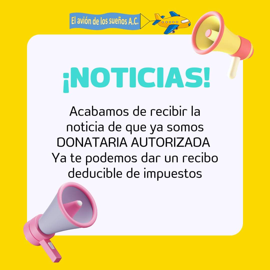 Aviond_suenosAC's tweet photo. Les compartimos que después de mucho tiempo y trabajo recibimos la noticia de que ya somos donataria autorizada, ya podemos dar recibos deducibles de impuestos por sus donativos.
Seguimos creciendo por el bienestar de los niñ@s y adolescentes con cáncer y anemia aplásica. 🥳🎗✈️ https://t.co/zSjKacrSqR