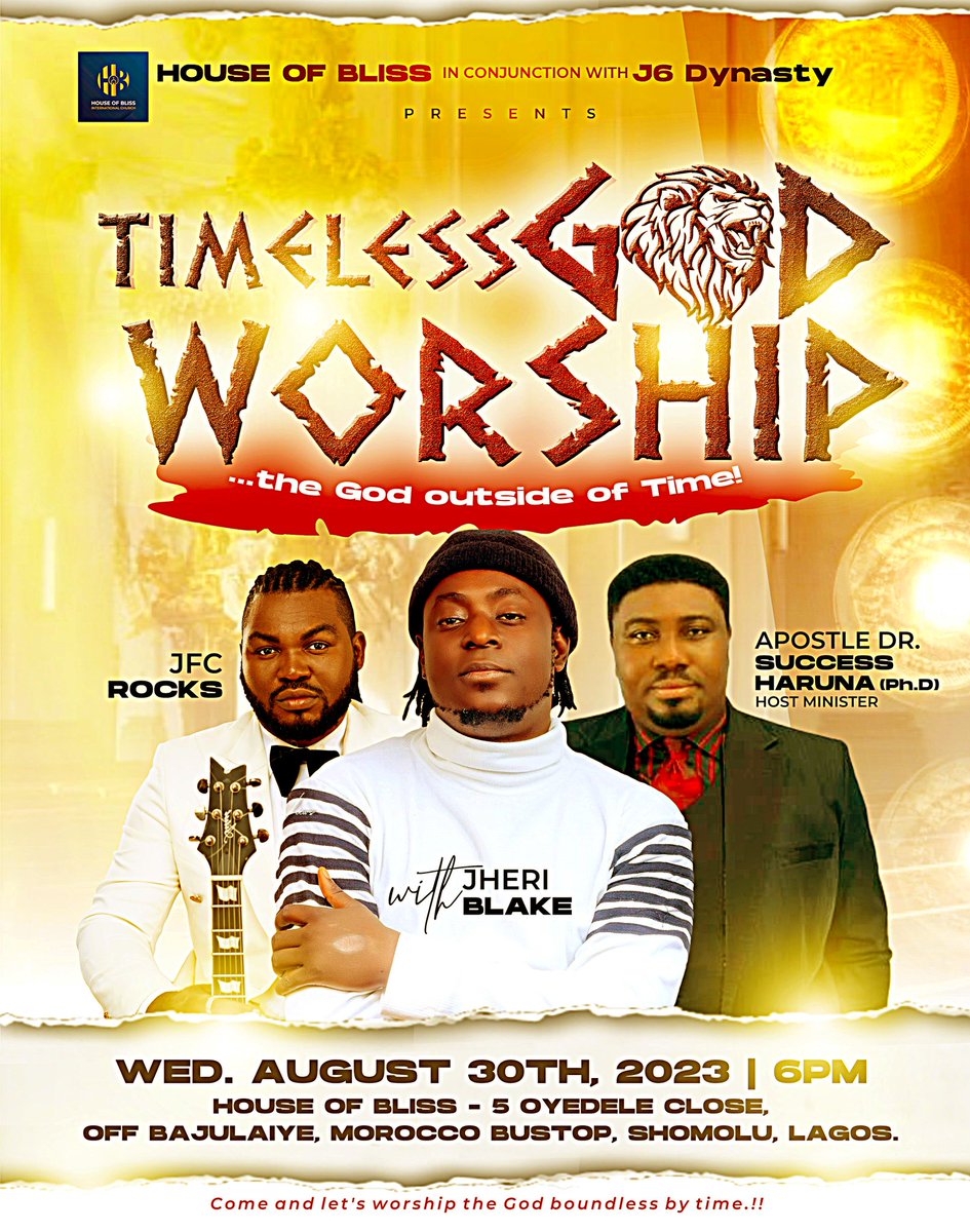 Jheriblake's tweet photo. The Timeless God Worship ✔️

Wed • Aug • 30th
House of Bliss 
5 Oyedele Close, off Bajulaiye, Morocco Shomolu lagos.
Time 6PM.
@Jheriblake x @jfcrockss 
Host Pastor: @HarunaSuccess 

#Gospel
#worshipper #ministry #Live https://t.co/ygnzie4NH9