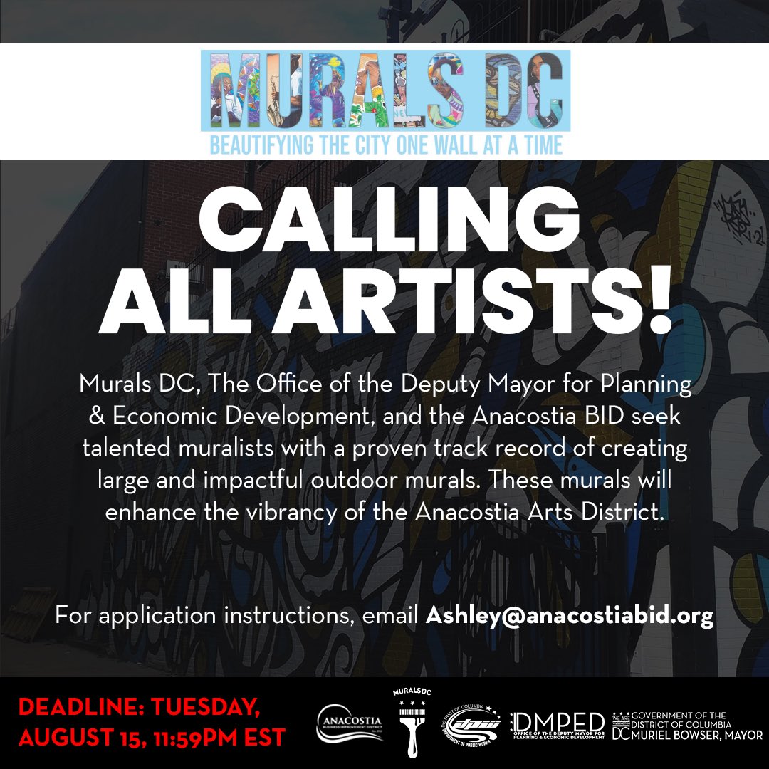 MuralsDC (@murals_dc) on Twitter photo Attention, all artists! MuralsDC, <a href="/DMPED/">Marie Minor</a>, & <a href="/anacostiabid/">Anacostia BID</a> are seeking muralists with a proven track record of creating impactful outdoor murals on a large scale. The goal is to enhance the vibrancy of the Anacostia Arts District, & we know you have the skills to help. Attention, all artists! MuralsDC, <a href="/DMPED/">Marie Minor</a>, & <a href="/anacostiabid/">Anacostia BID</a> are seeking muralists with a proven track record of creating impactful outdoor murals on a large scale. The goal is to enhance the vibrancy of the Anacostia Arts District, & we know you have the skills to help.