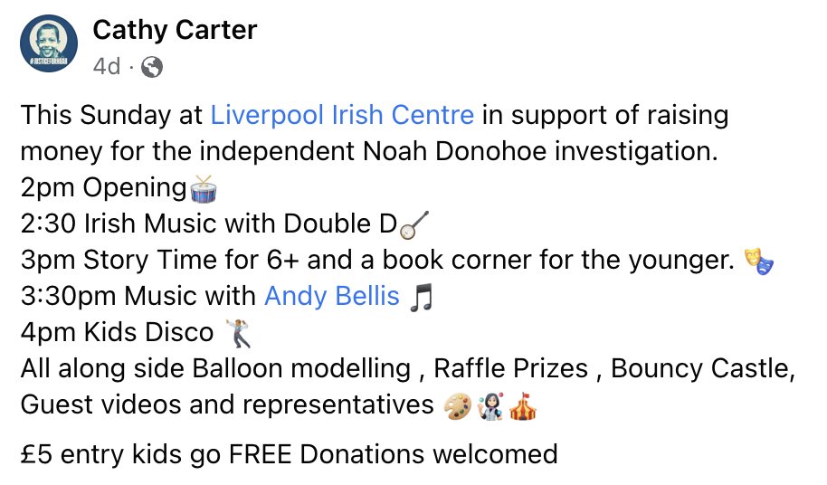 Tomorrow, 2pm at the Liverpool Irish Centre: a fantastic fun day for children and adults in support of the Investigation. We know that Noah's army in Liverpool and surrounding areas will be there. Brilliant work @CathCarterMusic for organising this! #NoahsArmy #Liverpool