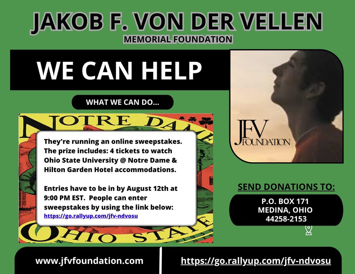 The Jakob F. Von Der Vellen Memorial Foundation is a non-profit organization that donates to MYBA. Please enter their sweepstakes to help them raise funds!
Click: go.rallyup.com/jfv-ndvosu &amp; please visit: jfvfoundation.com for more details about the JFV Foundation.