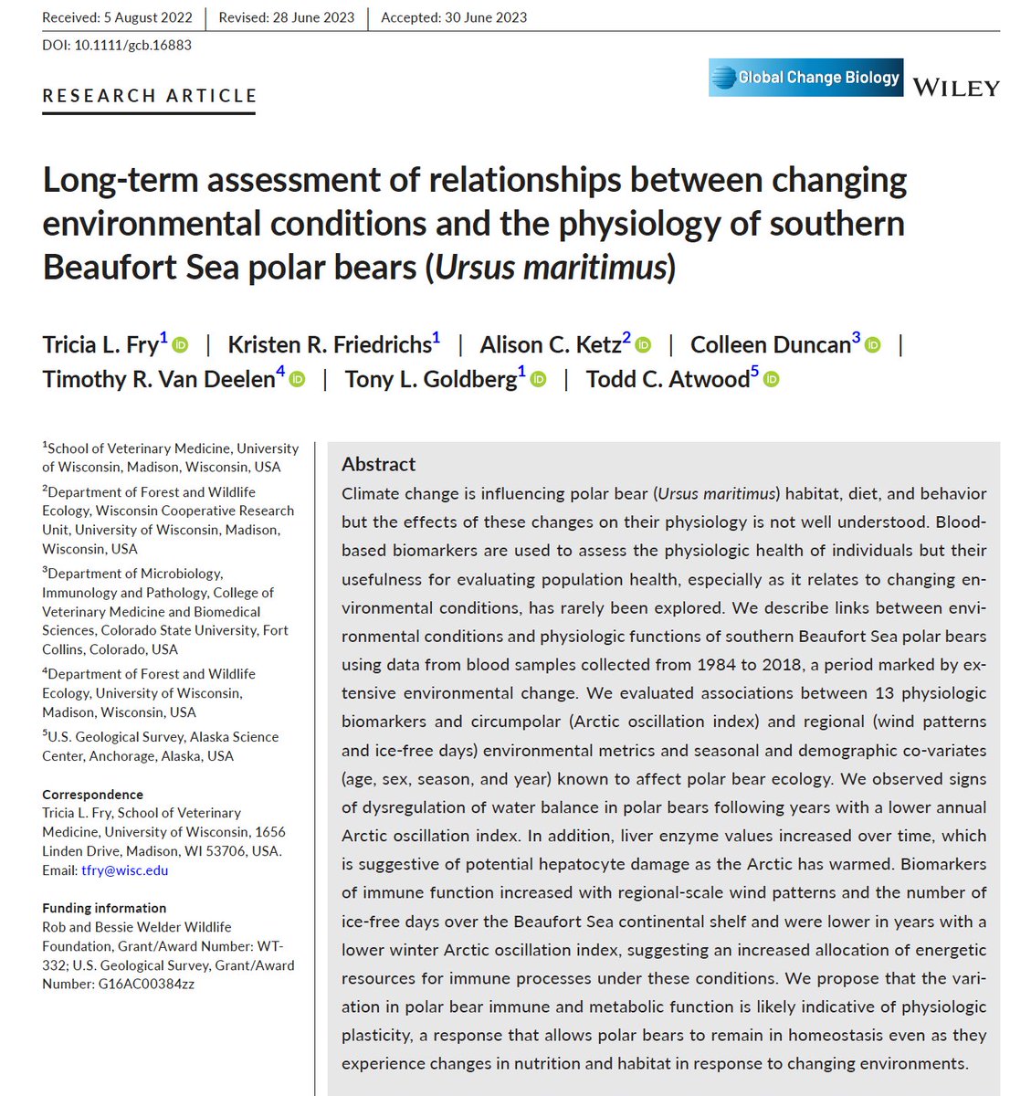 AEDerocher's tweet photo. New polar bear paper - physiological slant.
"Polar bear life history characteristics and population dynamics are being influenced by global warming..., and the effects of these changes are expressed at the physiologic level." More evidence (aka science) on climate change impacts. https://t.co/ST5d3HEyCj