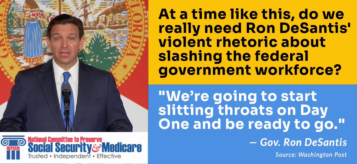 NCPSSM's tweet photo. The union that represents Social Security Administration employees — the people who work hard to administer our earned benefits — condemns Ron #DeSantis' reckless comments about 'slitting throats' in the federal gov't. #SSA @AFGENational @Reinlwapo https://t.co/6PbME8nqAV https://t.co/Z0G7dAhMiK