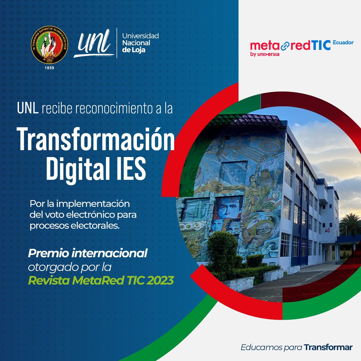 ¡#UNL gana el Premio Internacional Revista MetaRed TIC 2023! 🏆

📌El proyecto sobre la implementación del voto electrónico para procesos electorales en nuestra Alma Máter es  parte del compromiso con la  innovación y el avance tecnológico en el ámbito académico.