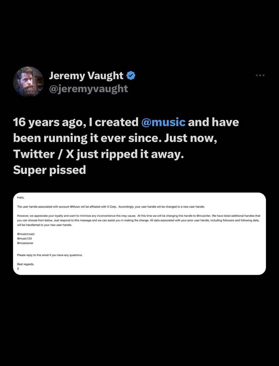 CultureCrave's tweet photo. Former owner of the @Music username speaks on Twitter / X ripping the handle away https://t.co/Q34r4CSMU6
