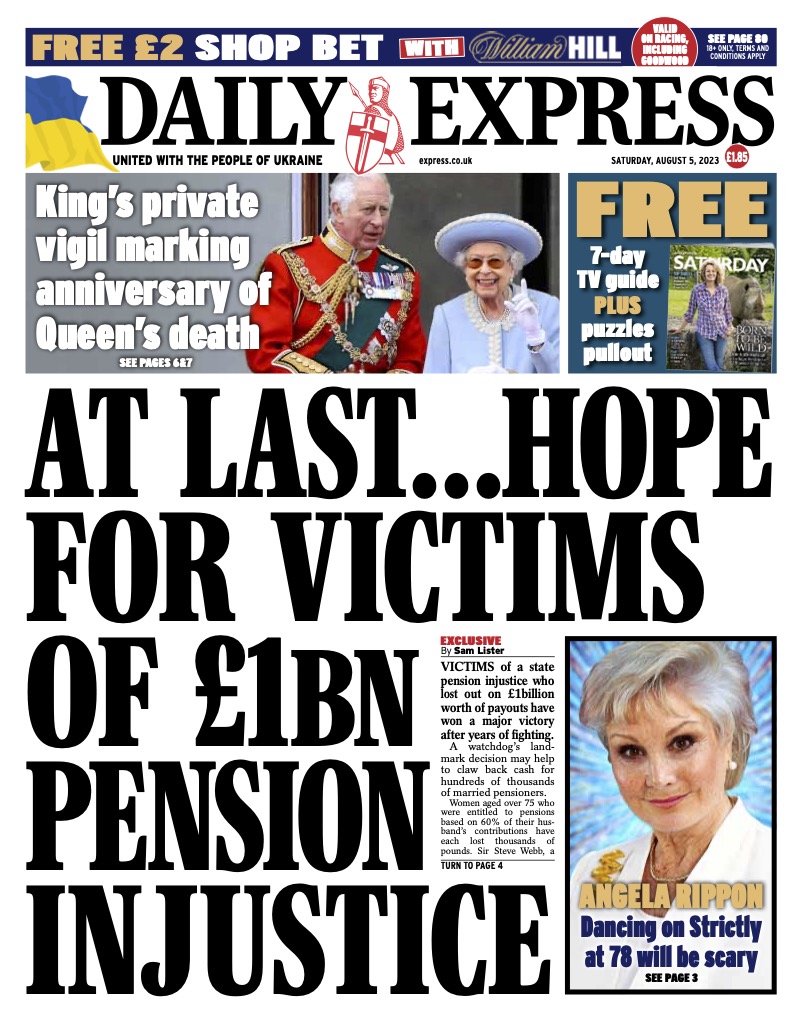 Portada de Saturday's Express - Por fin... esperanza para las víctimas de la injusticia de las pensiones de 1.000 millones de libras esterlinas