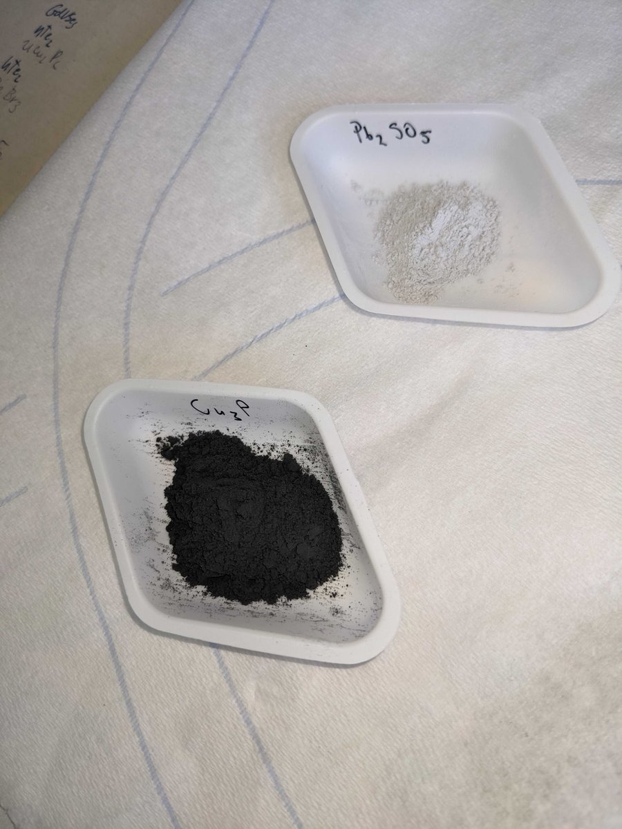 CondMatfyz's tweet photo. Copper phosphide (Cu3P) &amp; Lanarkite (Pb2SO5)💎 are out of the furnace. Powders look promising! 💎Tomorrow morning at 8 am CET, our very own #LK99 crystals will be ready. We're mixing them in various ratios and baking them overnight. #StayTuned for tomorrow's big reveal! 🌟🚀 https://t.co/ZsCFEsYixY