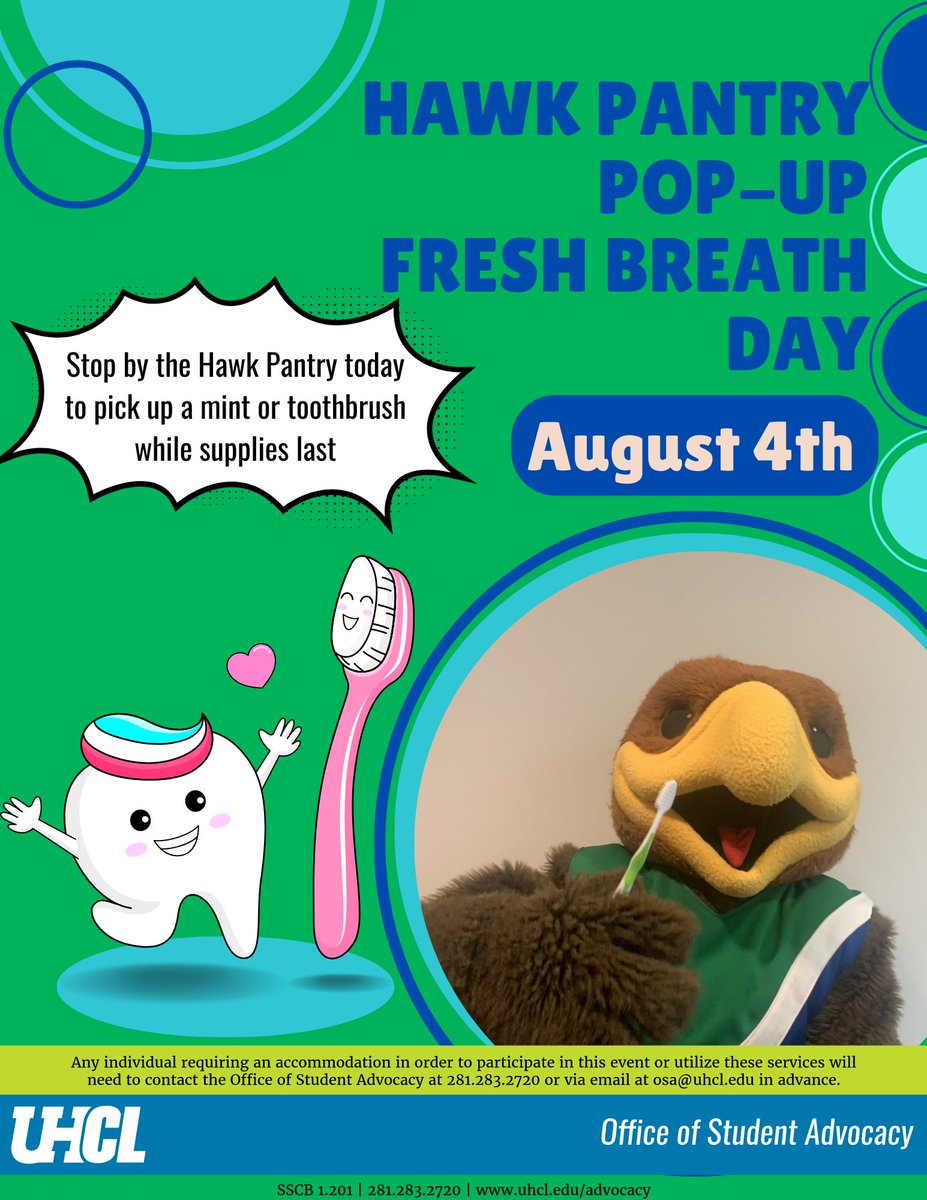 UHCLOSA's tweet photo. National Fresh Breath Day is on August 6th! 

We hope that you were able to stop by the Hawk Pantry today to pick up a mint and toothbrush! Did you know that the Hawk Pantry provides toothbrushes? Keep it fresh Hawks!!!

#uhclosa #HawkPantry #NationalFreshBreathDay2023 #August6 https://t.co/8CRhnRwzi4