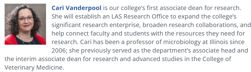 IllinoisMSI's tweet photo. Congratulations to MSI's director, Cari Vanderpool, for her appointment as LAS's first associate dean for research! Her leadership will boost research collaborations and resources for faculty and students across the College of Liberal Arts and Sciences! https://t.co/Qydebe3pkb