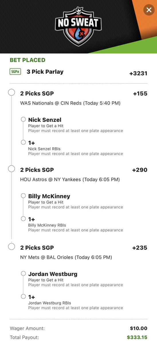 Longshot_Bets's tweet photo. ✨DraftKings No Sweat SGP/SGPx✨

• N. Senzel (CIN) 1+ Hits &amp; 1+ RBIs
• B. McKinney (NYY) 1+ Hits &amp; 1+ RBIs
• J. Westburg (BAL) 1+ Hits &amp; 1+ RBIs
Odds: +3231

In for $10 risk free max (.2u)

#GamblingTwitter #ATOBTTR
#RepBX #Birdland https://t.co/y3GgGwU0Xe