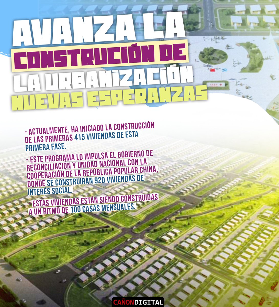El Gobierno de Reconciliación y Unidad Nacional con la Cooperación de la República Popular China avanza la construcción de la primera fase de 920 viviendas de interés social en la “Urbanización Nuevas Victorias” en Managua.