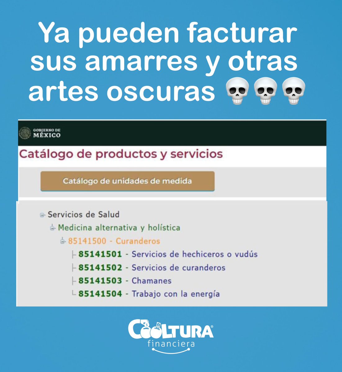 coolturafin's tweet photo. El  SAT agregó trabajos de hechicería y vudú dentro de su catálogo de productos y servicios que los contribuyentes pueden facturar. 😧

En la categoría de servicios de salud, en el grupo de medicina alternativa, integraron a las personas que se dedican a la hechicería, curanderos, chamanes y a quienes realizan trabajos con energías.