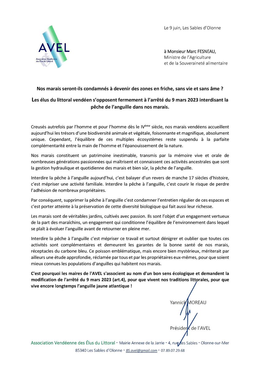 YannickMOREAU's tweet photo. Nos marais sont en danger ❗️
En juin dernier, j'adressais une lettre ouverte au Ministre de l'Agriculture Marc Fesneau, pour lui demander de revenir sur l'interdiction de la pêche de l'anguille.
Cette interdiction est un non-sens écologique qui met en péril nos marais, méprise leurs propriétaires et balaie nos traditions.

C'est au tour de l'Association syndicale des marais de la Gachère de monter au créneau. Une manifestation est organisée demain, samedi 5 août.
Le RDV est donné à 14H, rue des Granges, pour demander la fin de cette interdiction et pour que vivent nos traditions littorales.