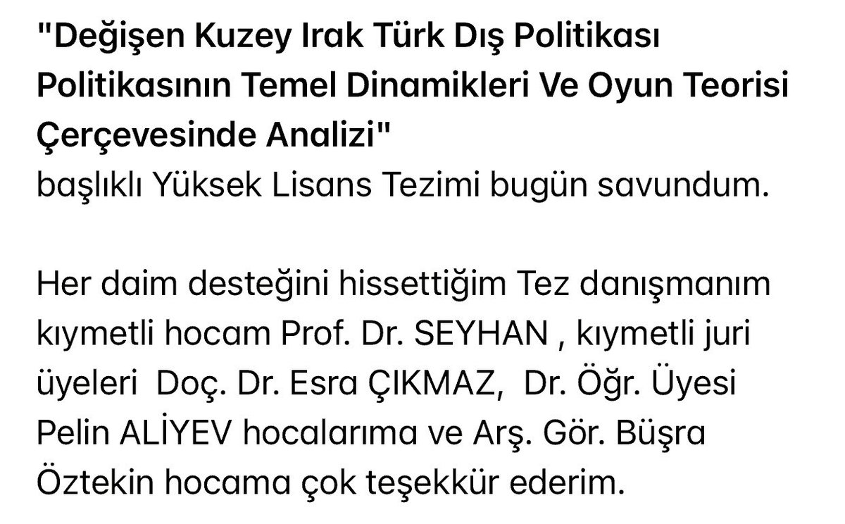 Yüksek lisans tezimi bugün savundum. 
Her daim desteğini hissettiğim Tez danışmanım kıymetli hocam Prof. Dr. Ercan SEYHAN  <a href="/furkitar/">Prof. Dr. Ercan Seyhan</a> ve Jüri üyelerine teşekkür ederim. <a href="/TurkayDereli/">Türkay Dereli</a> 
<a href="/ProfMazlumCelik/">Mazlum Celik</a> 
@ahmetkeserhoca 
<a href="/pelinaliyev/">Pelin Aliyev</a>