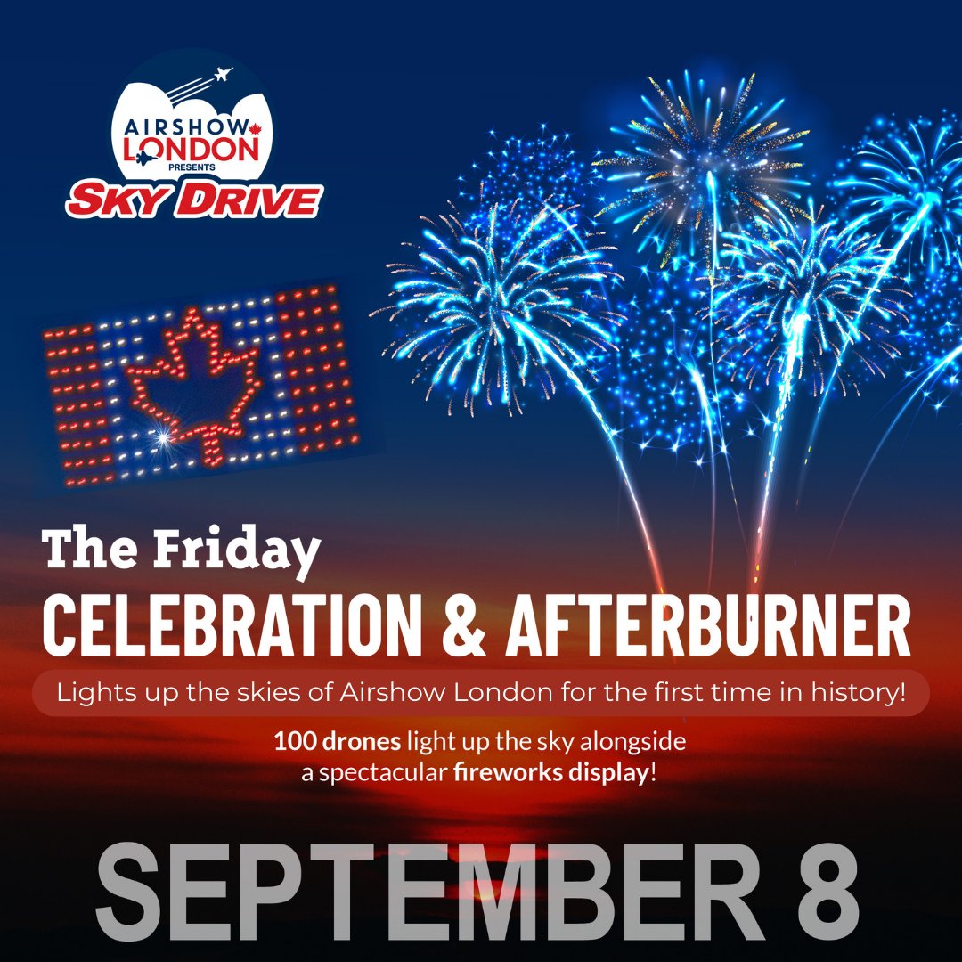 CIVIC HOLIDAY IS THE 'BOMB' BUT AIRSHOW LONDON WILL BE EXPLOSIVE WITH OUR NEW DRONE AND FIREWORK SHOW ON FRIDAY NIGHT 🎆  

Our Friday night concludes with a drone light show followed by a spectacular fireworks display! 🤩 

Don't miss out-buy tickets now!🎟️  

#airshowlondon