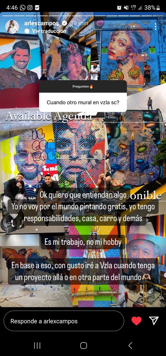 Totalmente de acuerdo con <a href="/ArlexCampos/">EL DE LOS DREADLOCKS</a>.

Hacer murales es un trabajo, los artistas tienen responsabilidades como todo ser humano y esta es una profesión como todas las demás que debe ser remunerada. Viajar a hacer murales es un gasto y hacerlo gratis sencillamente no es viable.