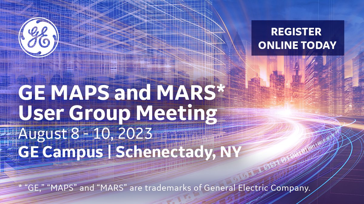 @energy_ge will be hosting the annual GE MAPS and MARS User Group Meeting between August 8-10 at our GE Campus in Schenectady, NY. Thanks to all our customers and partners for registering and sharing at this year's conference. For more info visit bit.ly/43o0zZ.