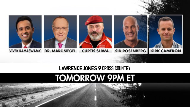 LJCrossCountry's tweet photo. Big show coming up tomorrow night! 

Make sure you tune in at 9pm ET on Fox News Channel. 

An exclusive interview with @VivekGRamaswamy 

@CurtisSliwa &amp; @DrMarcSiegel discuss the NYC migrants

@sidrosenberg makes his show debut 

@KirkCameron discusses his nationwide book event https://t.co/mFYB3uXzct