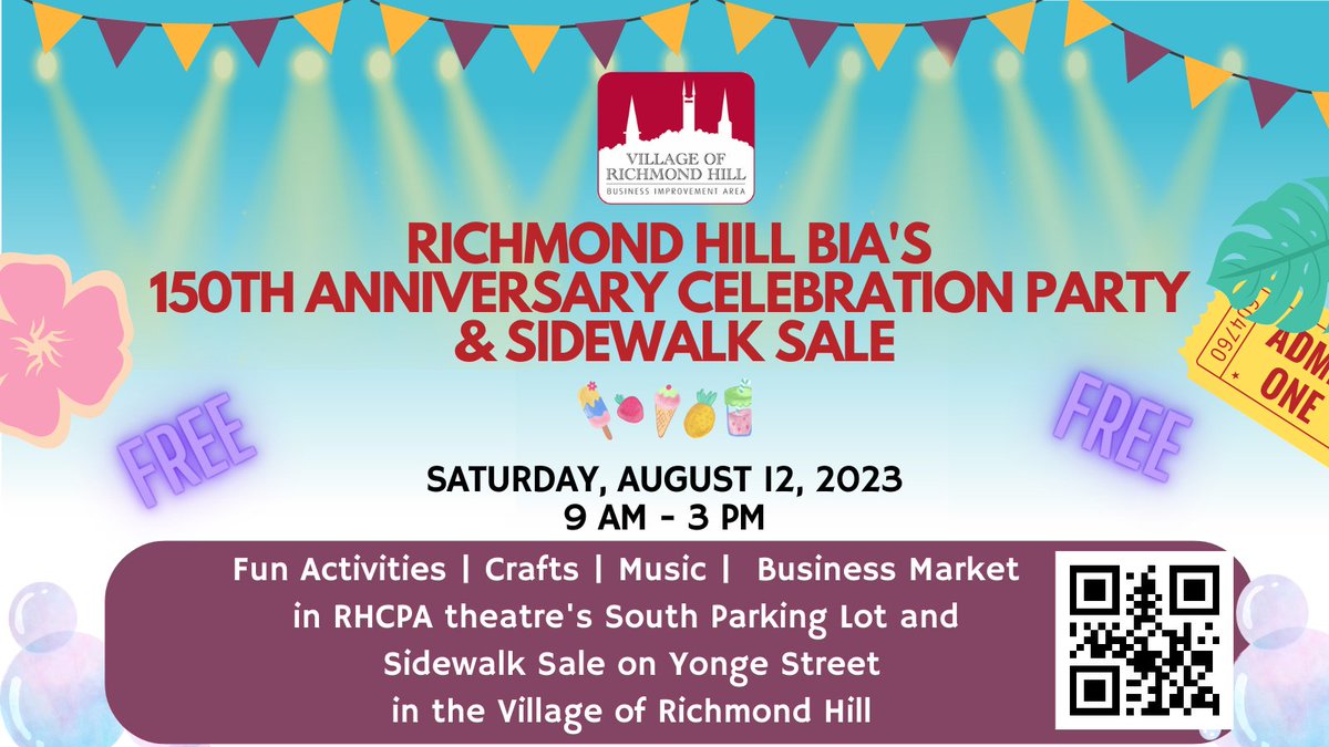The Village of Richmond Hill BIA’s 150th Anniversary Celebration Party and Sidewalk Sale. buff.ly/3QIOEBJ #ExperienceYR #YRArts