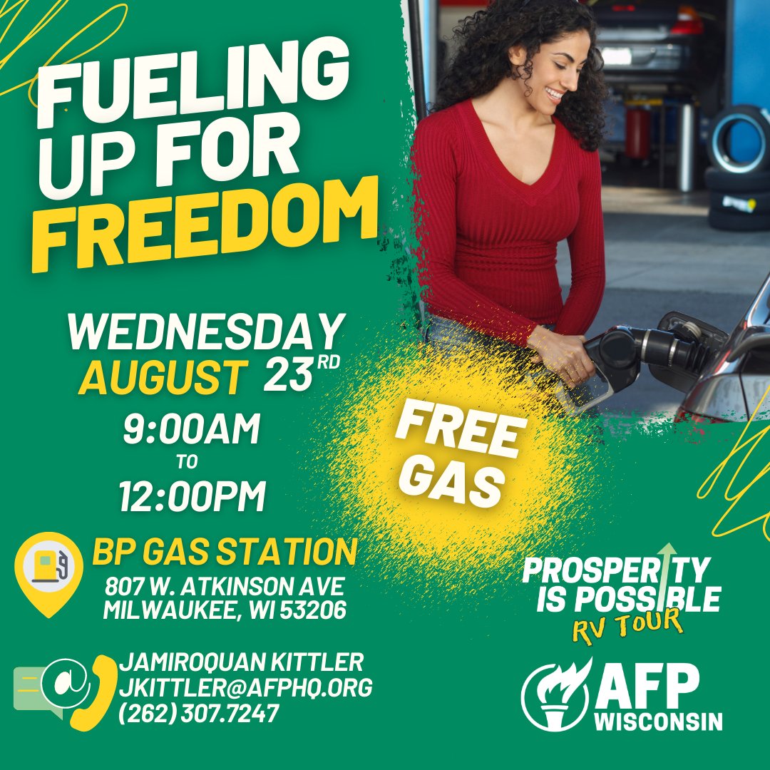 AFPWI's tweet photo. 🆓⛽️🚨Now more than ever it is crucial to unleash American energy and we're "Fueling up for freedom" by giving away FREE gas in #Milwaukee during our #ProsperityisPossible tour! 
First come, first serve, while supplies last. #PiPStop #BidenomicsMakesNoCents https://t.co/gnwmhnIxLy