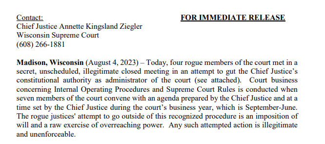 A.J. Bayatpour on X: "NOW: SCOWIS Chief Justice Annette Ziegler alleges  "four rouge members of the court" met in secret today to take administrative  powers away from the chief justice. Ziegler says