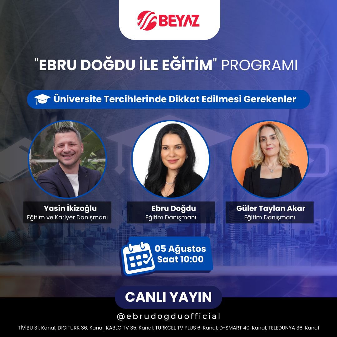 Yarın sabah 10:00’da Beyaz Tv’de Üniversite Tercihlerini konusacagız. Kaçırmayın.