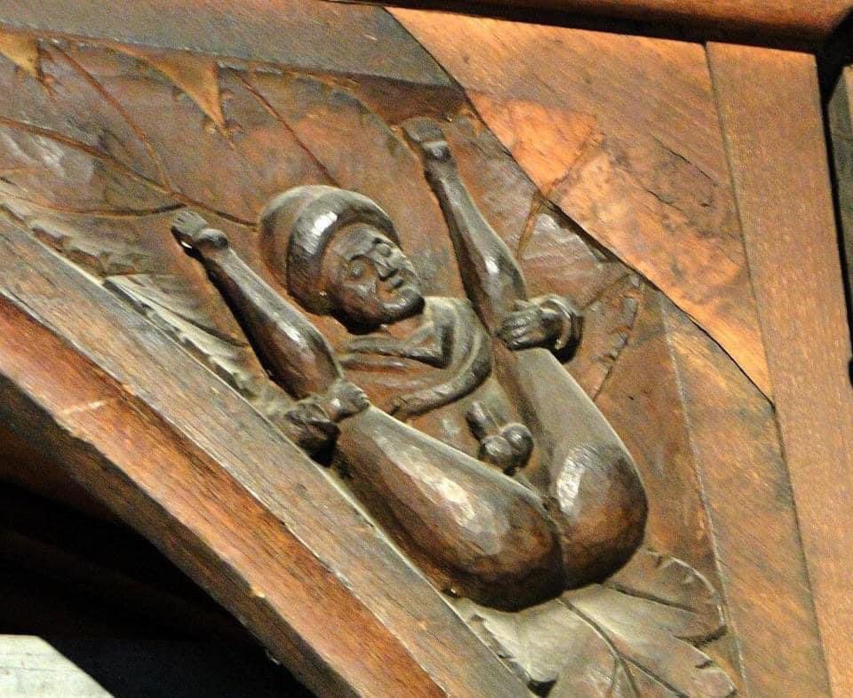 800 years ago at All Saints Church in Hereford a skillful carpenter carved this gentleman high up in the dark roof where nobody could see him. Seven years ago they built an extra floor with bright lights for a restaurant and, after almost a full millennia, his joke paid off.