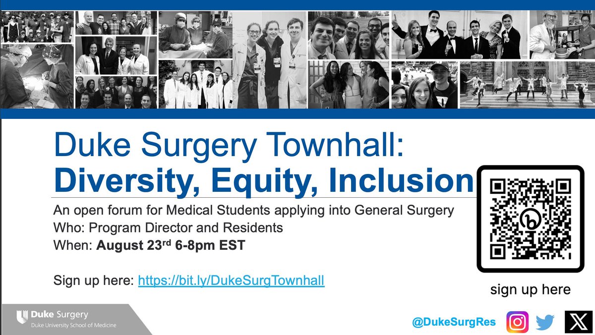 🚨🚨 Attention #GenSurgMatch2024 🚨🚨 Recruitment season is here and we’re excited to announce our upcoming virtual townhall series for prospective applicants! Join us to learn more about training @DukeSurgery! @LisaTracyMD @JMigaly #SutureFuture