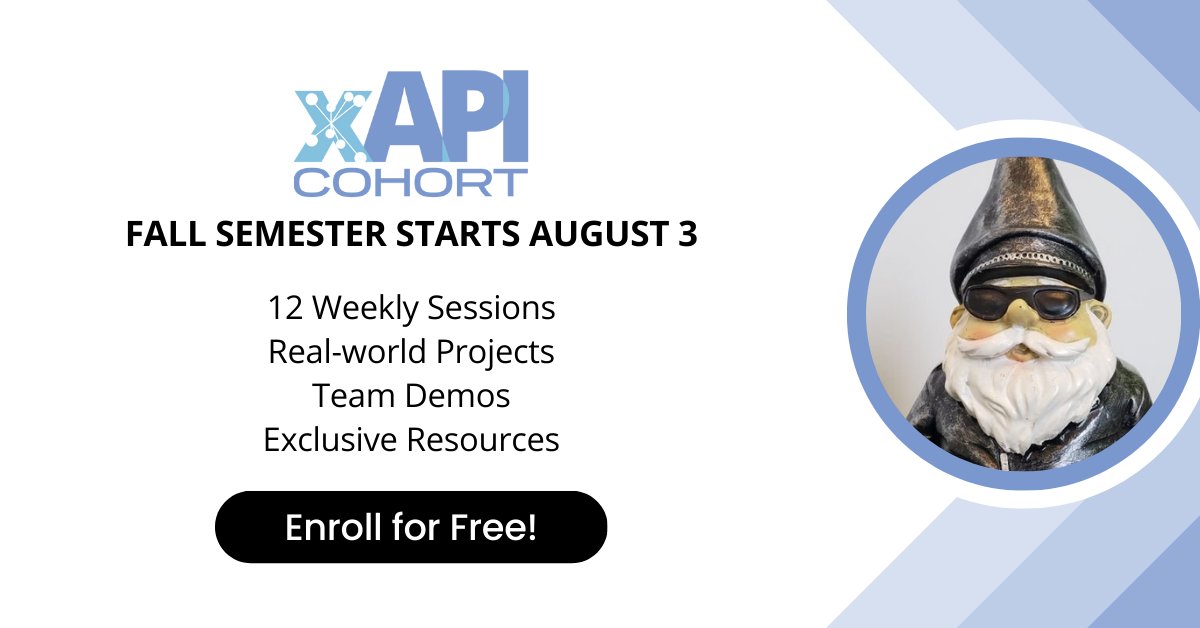 The xAPI Cohort started yesterday, but that doesn't mean it's too late to join! Enroll for free today to access yesterday's session recording and get ready for the next 11 weekly sessions that'll kick your data skills up a notch! 
Go here > rb.gy/un2ps
