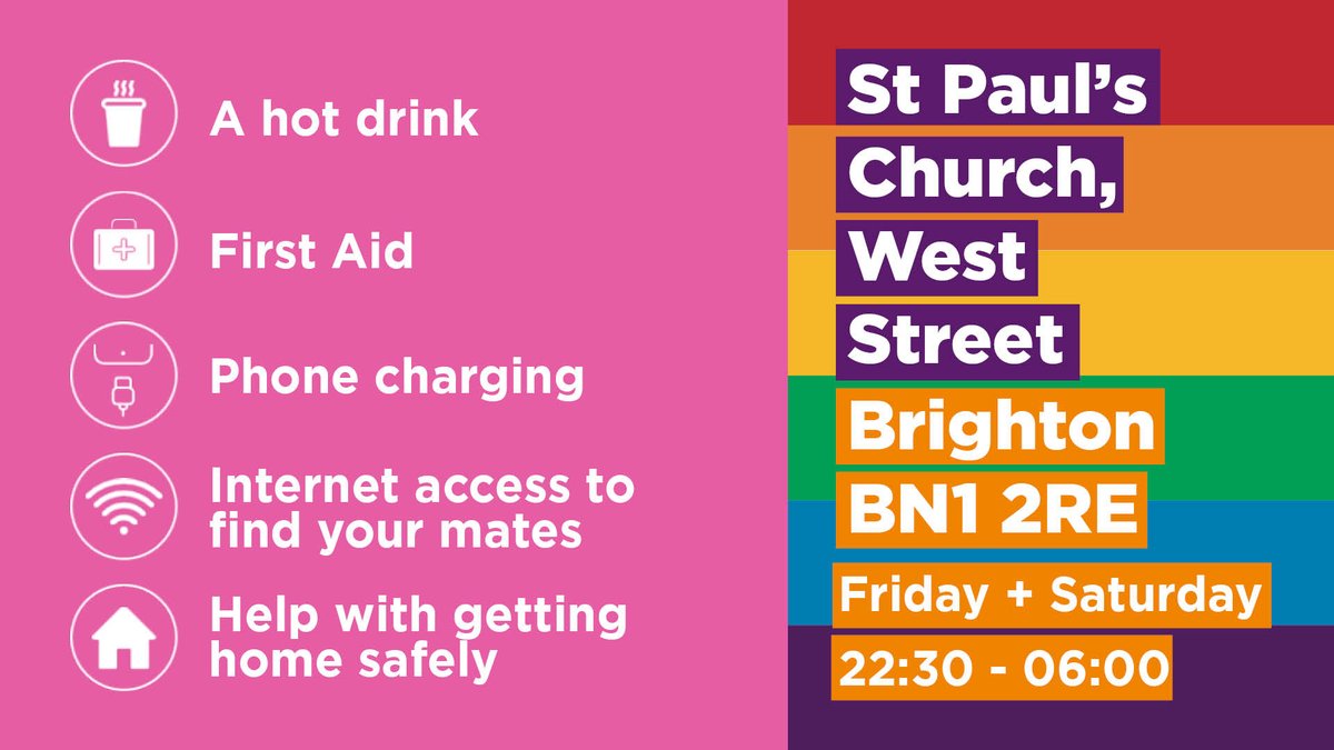 BrightonHoveCC's tweet photo. If you're out tonight and...
🔴 feeling distressed
🟠 intoxicated
🟡 injured
🟢 lost friends
🔵 need to charge a phone 
🟣 unable to get home

Head to Safe Space, open longer tonight:
🗓️ Friday and Saturday
🕥 10.30pm to 6am
📍 St Paul’s Church, West Street BN1 2RE https://t.co/1vXNkcuYZC
