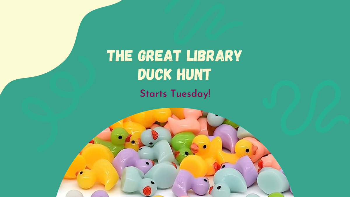 The library is being taken over by a flock of ducks! Starting Tuesday morning, kids and teens can drop in to participate in our scavenger hunts - find enough of the ducks and you could win prizes. Stop by the Children's Room or the Information Services desk for details.