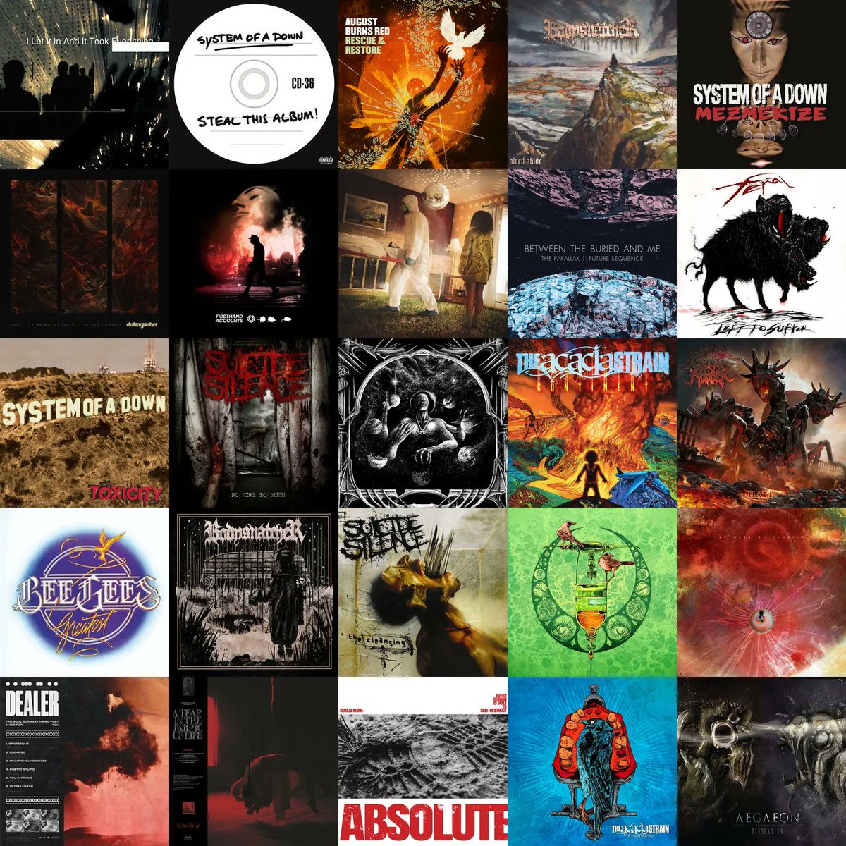 Friday 5x5! What's everybody's looking like? Featuring: Loathe SOAD August Burns Red Bodysnatcher Distinguisher Johnny Booth BTBAM Left to Suffer Suicide Silence The Acacia Strain Thy Art Is Murder The Beegees Animals as Leaders Dealer Knocked Loose Kublai Khan Aegeon