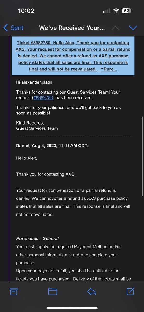 aplay_19's tweet photo. @axs Bought 4 seats together. At event found 3 were on 1 side of the aisle, 1 was seated apart on other side. CS team was no help. All sales final, no escalation to a manager. When requesting the reps’ name, I was hung up on instead. Rude. You need to do better by your customers. https://t.co/db4WCRKRqZ