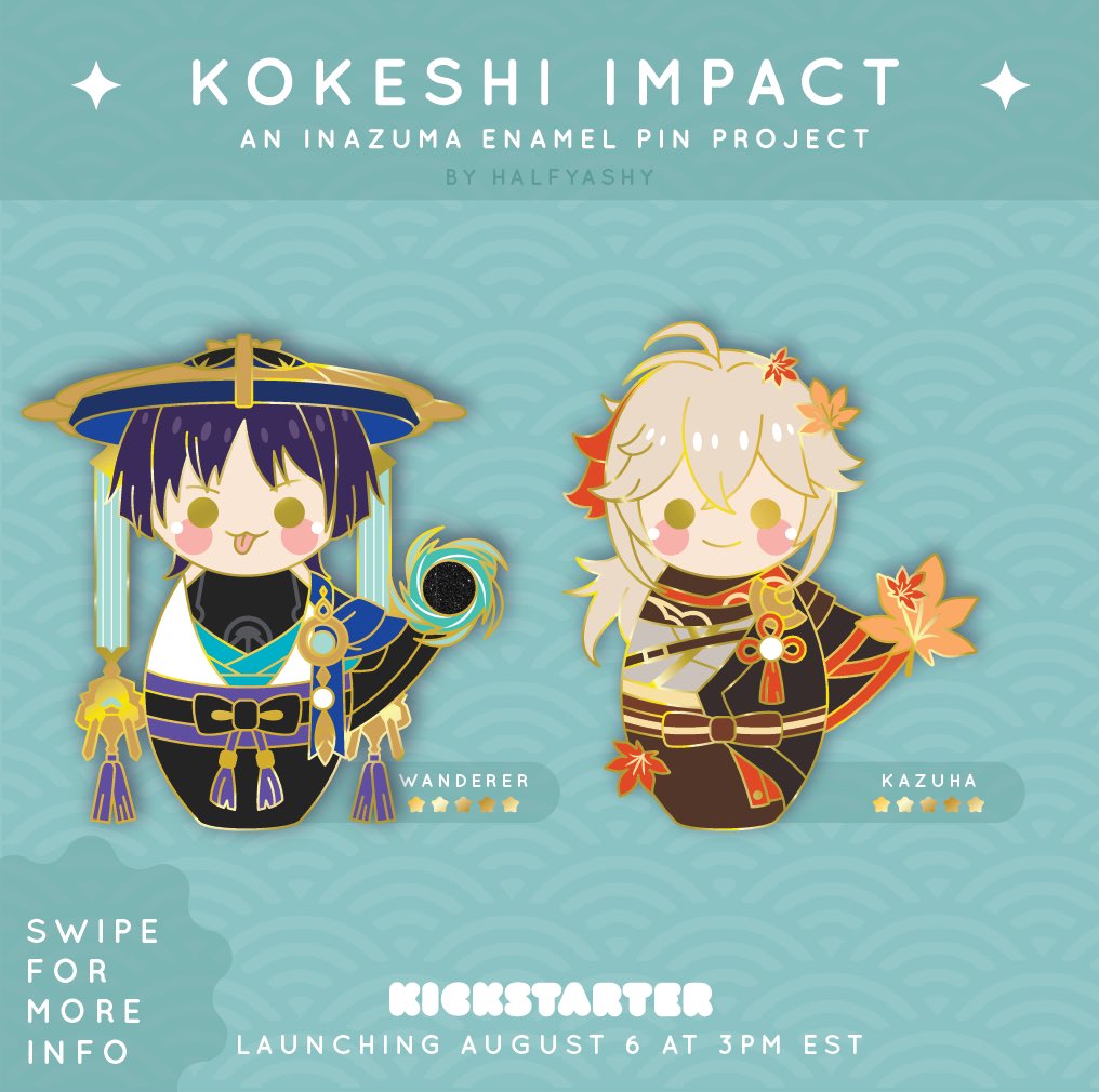 halfyashy's tweet photo. Kokeshi Impact: An Inazuma Enamel Pin Kickstarter is launching August 6 at 3pm EST! Link in bio :) Pleqse consider sharing to get that word out! I’m so excited for this cuties! 
#GenshinImpact #Genshinfanart #pins #yaemiko #RaidenEi https://t.co/cdMkPnIFi4
