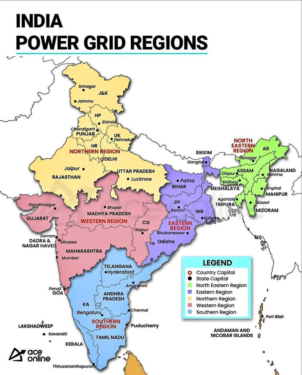 BORN4WIN's tweet photo. Power Grid Regions in India. 

#PowerGridRegions #Power
 (Data courtesy: #AceOnline) https://t.co/cQmRgMONkd