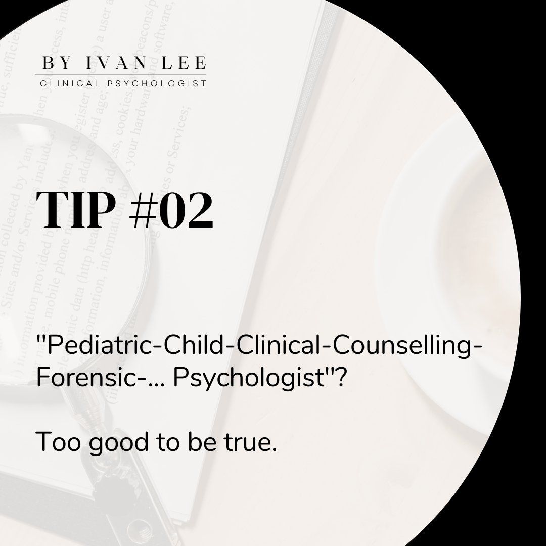 ivanleemh's tweet photo. Tip #02 to look out for while seeking assistance from mental health professionals

"Pediatric-Child-Clinical-Counselling-Forensic-... Psychologist"? 

Too good to be true.

Full article - https://t.co/uAnvzgUk5p

#mentalhealth #thinkthoughts https://t.co/CPFwBIefi6