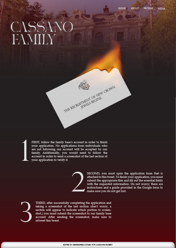 ⠀⠀⠀ ⠀
Welcome home, Crown Jewels. 

The application for the Cassano Family is now available. If you're interested, you can access the Google Form using the link in this tweet and confirm your application by following the instructions.

Form: forms.gle/HqDFfRKdS2WtdN…

⠀⠀