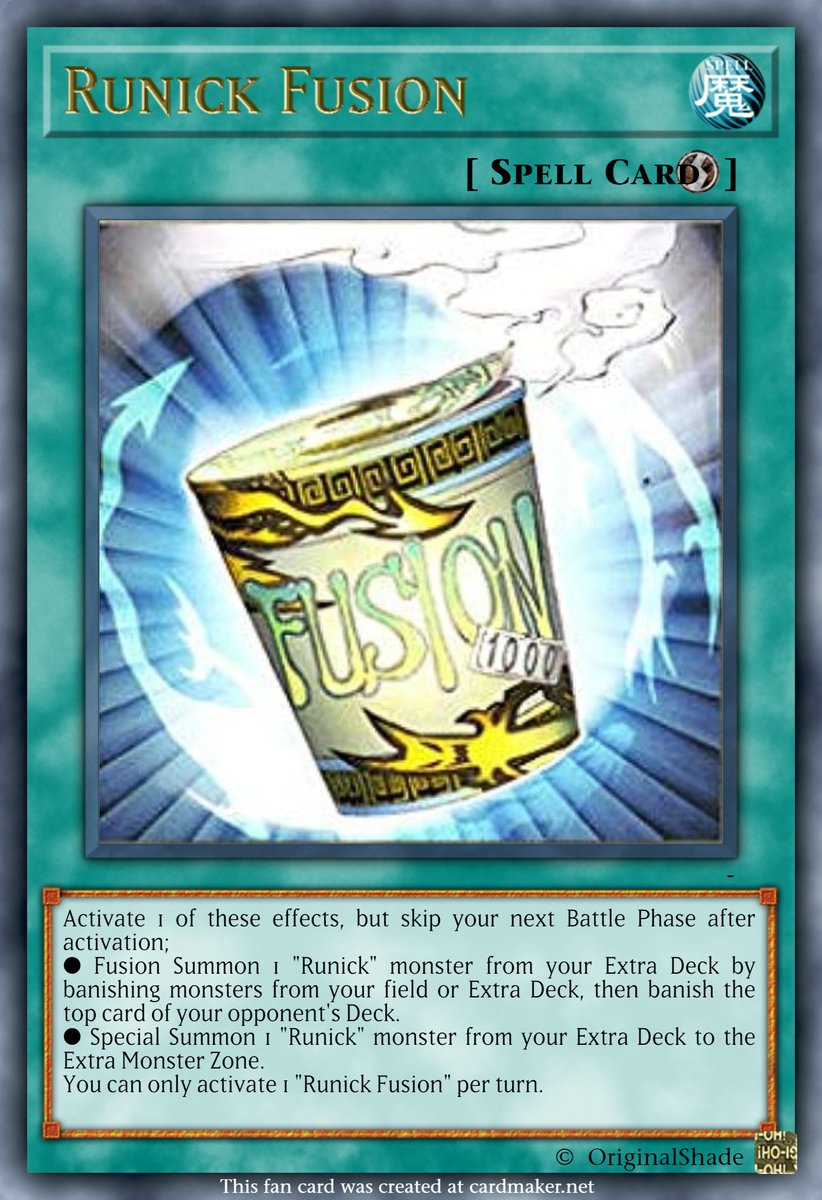 Original_Shade's tweet photo. An idea for a card they could make for Runick cards, as since Sleipnir gives you a Runick token.
And since every Runick Fusion monster has "2 "Runick" monsters" as their requirements, it would allow you to actually fusion summon out Runick Monsters easily.
#yugioh #runick https://t.co/YS3D4twtEp