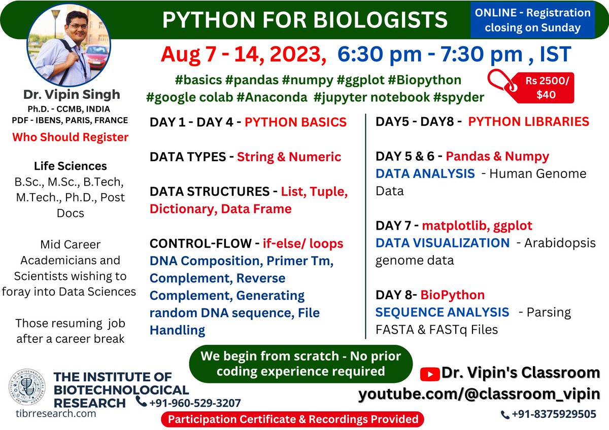 dr_vipin_singh's tweet image. #Python_for_Biologists Season 4 - August 7 -14, 2023 Register here - lnkd.in/dycf-tDV
For more information and feedback - lnkd.in/daXyJRvc
In the Era of Omics and Big Data in Biology, coding is fast becoming an essential skill - #CodeWithMe
#python #biology #bioinfo