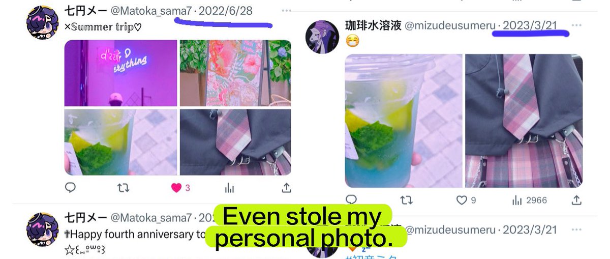 AnekoA_7's tweet photo. Hello, I’m 7円. I am the original author of these paintings. I need some help！I was impersonated by the stranger in figure 1 and stolen my paintings, my own oc, and even my own photos!I would appreciate it if you could forward this message and let more people see the truth ！😭 https://t.co/b9X1TjyU0Q