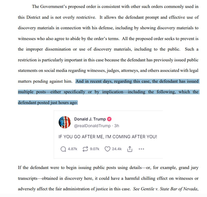 Jack Smith uses a Truth Social post as excuse tonight to seek another restrictive protective order on discovery and limit Trump's access to evidence in J6 case (similar to "classified doc" case)

Why does DOJ think a post about going "after Trump" is referring to them?
