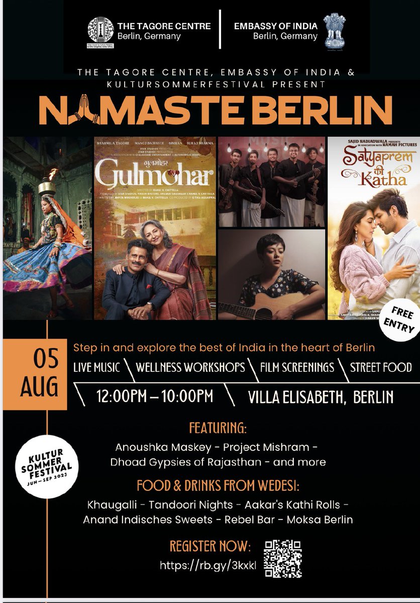 BhartiRahis's tweet photo. #NamasteBerlin Step in and explore the best of India in the heart of #Berlin invited #RAHIS #Bharti with his #DHOAD group from #Rajasthan to perform on 5 August 2023
FESTIVAL WITH MUSIC, ART @eoiberlin @MEAIndia @DhoadG @narendramodi
https://t.co/PeQyFK4uu2 https://t.co/G85o7i0B23