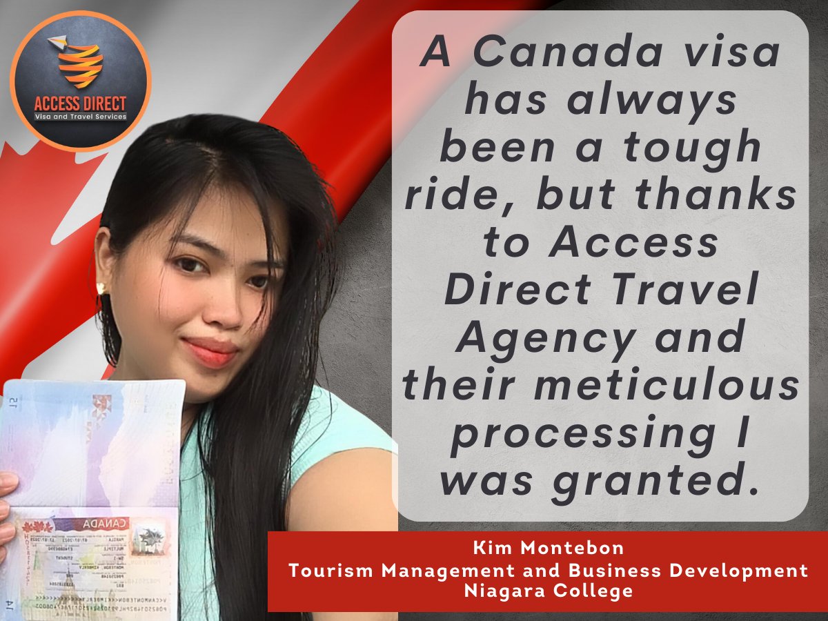 accessdirectceb's tweet photo. A Canada visa has always been a tough ride, but thanks to Access Direct Travel Agency and their meticulous processing I was granted.

'When the time is right I, the lord will make it happen'

-Kim Montebon
Tourism Management and Business Development
Niagara College https://t.co/vGa89JlCzj