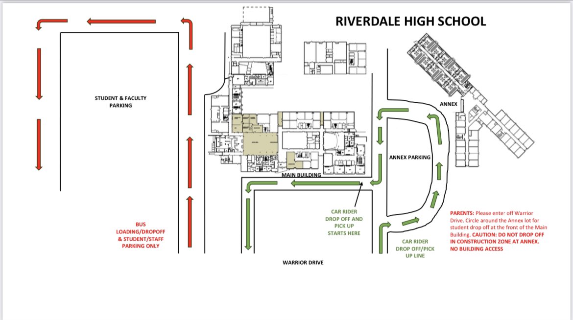 Welcome back Warriors! 🏹🏹
We have a new traffic flow for arrival &amp; dismissal. 
Drop off &amp; pick up starts at the main entrance this year.  
We will not enter the annex before 8:20. 
Students can go to the main gym or the main cafe for arrival before 1st period.