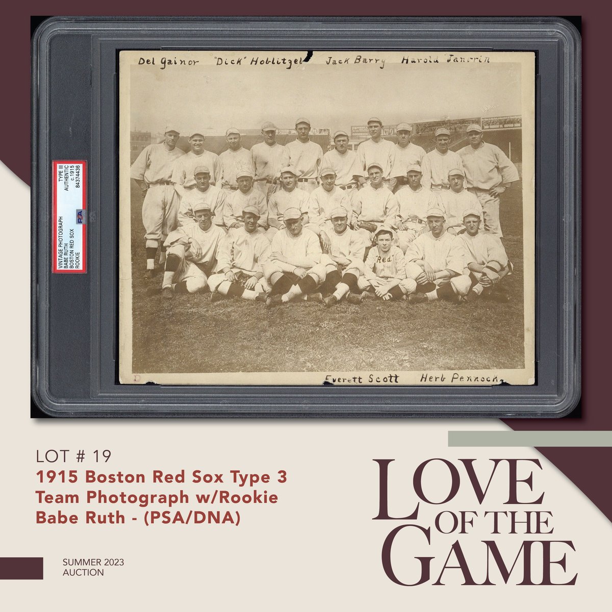 LOTGAuctions's tweet image. Beautiful Type 3 1915 Boston Red Sox team photo with a rookie Babe Ruth, from the estate of Smoky Joe Wood.  Bid now at LOTGAuctions.com.  #TheHobby #TheBabe #PrewarSports #PSACard #BaseballPhotography