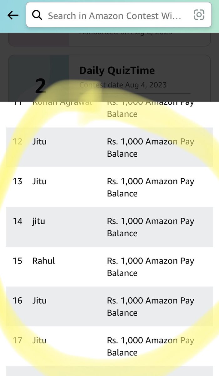 rupsha_bose's tweet image. Everyone, it’s a warning. The Funzone quiz on @amazonIN is fake. They keep stating and giving money to the same people in every list multiple times like Jitu and Rahul. I have tweeted it before too. More screenshots below.

#fakeamazon #Amazonindia #amazonfunzone