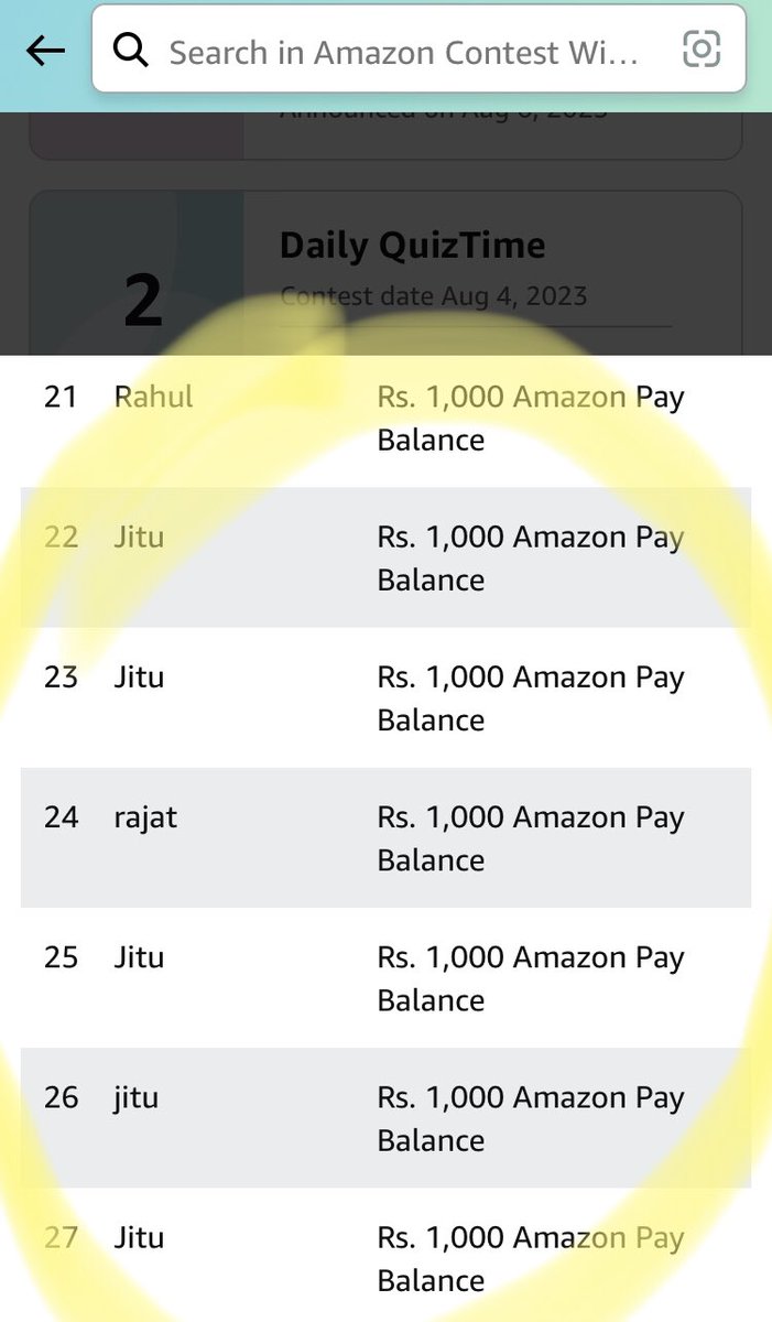 rupsha_bose's tweet image. Everyone, it’s a warning. The Funzone quiz on @amazonIN is fake. They keep stating and giving money to the same people in every list multiple times like Jitu and Rahul. I have tweeted it before too. More screenshots below.

#fakeamazon #Amazonindia #amazonfunzone
