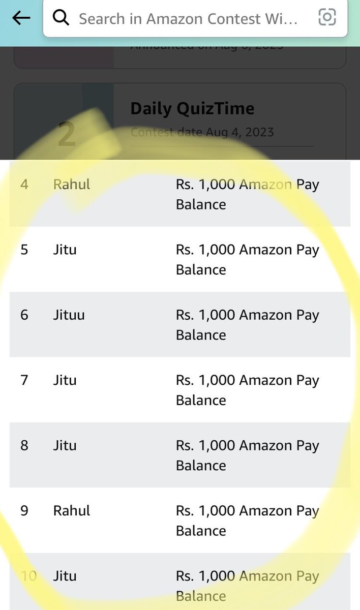 rupsha_bose's tweet image. Everyone, it’s a warning. The Funzone quiz on @amazonIN is fake. They keep stating and giving money to the same people in every list multiple times like Jitu and Rahul. I have tweeted it before too. More screenshots below.

#fakeamazon #Amazonindia #amazonfunzone